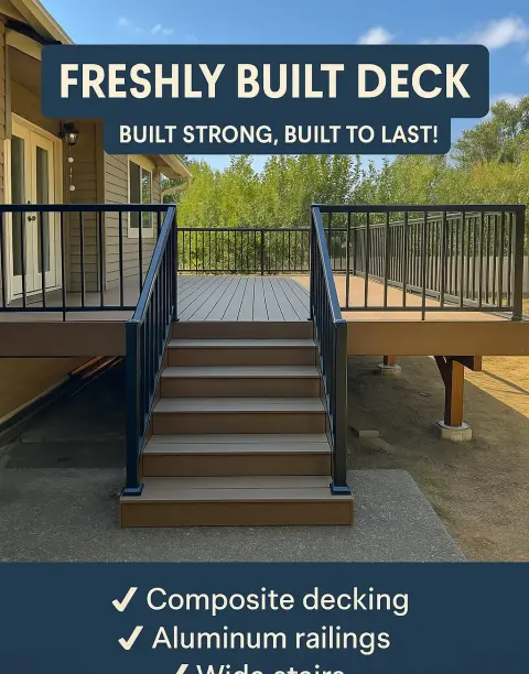 Deck stairs with black railing leading to the upper level