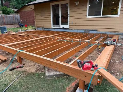 Deck framing with joists ready for the decking boards